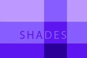 Patrate în diferite nuanțe de violet cu textul „SHADES” în centru
