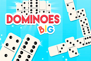 Fundal albastru cu piese de domino albe și text colorat DOMINOES BIG