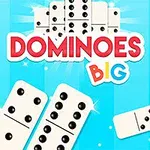 Fundal albastru cu piese de domino albe și text colorat DOMINOES BIG