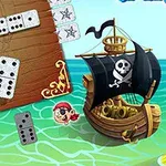 O navă de pirați pe apă lângă o tablă de joc cu piese de domino și un personaj desen animat