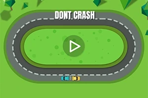 Două mașini colorate pe o pistă ovală cu un buton de redare în centru și textul „DONT CRASH” deasupra