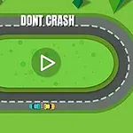 Două mașini colorate pe o pistă ovală cu un buton de redare în centru și textul „DONT CRASH” deasupra