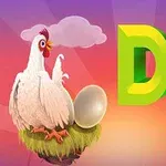 O găină stă pe un cuib cu un ou și textul colorat Dont Drop alături, pe un fundal gradient de apus