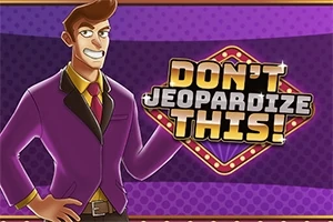 Personaj animat în costum mov cu un semn luminos pe fundal purpuriu care spune Dont Jeopardize This!