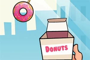 Un covrig roz cu glazură și stropi, alături de o cutie deschisă de gogoși pe care scrie Donuts, fiind ținută de o mână pe fundal albastru cu forme geometrice