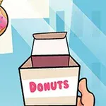 Un covrig roz cu glazură și stropi, alături de o cutie deschisă de gogoși pe care scrie Donuts, fiind ținută de o mână pe fundal albastru cu forme geometrice