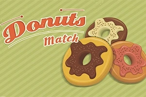Trei gogoși colorate cu diferite glazuri pe un fundal verde cu dungi, alături de textul Donuts Match într-un font retro