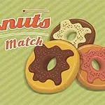 Trei gogoși colorate cu diferite glazuri pe un fundal verde cu dungi, alături de textul Donuts Match într-un font retro