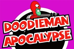 Personaj animat roșu cu verde ținând o armă, cu textul Doodieman Apocalypse pe un fundal mov