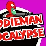 Personaj animat roșu cu verde ținând o armă, cu textul Doodieman Apocalypse pe un fundal mov