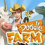 Fermieră zâmbitoare cu pălărie de cowboy stă lângă un animal alb cu un corn, cu un pui de dinozaur pe umăr și textul „Doodle Farm” în colț