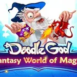 Un vrăjitor cu barbă albă și pălărie albastră ținând o creatură mică, roșie, care scoate flăcări și o baghetă magică pe fundal albastru