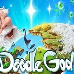 Un personaj bătrân cu barbă și aură de înger indică către un peisaj colorat reprezentând elementele naturii, cu logo-ul Doodle God în prim-plan