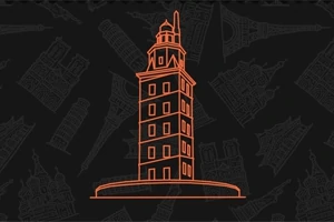 Ilustrație a unui turn stilizat pe fundal închis, cu alte clădiri emblematice schițate subtil