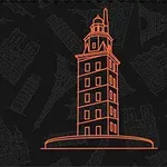 Ilustrație a unui turn stilizat pe fundal închis, cu alte clădiri emblematice schițate subtil