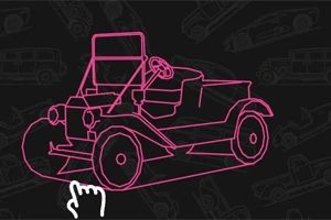 Schiță roz a unei mașini vintage cu o săgeată albă îndreptată spre ea, pe un fundal întunecat cu desene de mașini