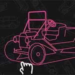 Schiță roz a unei mașini vintage cu o săgeată albă îndreptată spre ea, pe un fundal întunecat cu desene de mașini