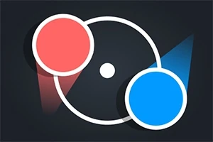 Două cercuri colorate, unul roșu și unul albastru, conectate de un contur alb pe un fundal negru