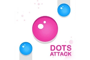 Bule roz și albastre pe un fundal simplu, cu textul „Dots Attack” în colțul din dreapta jos