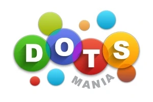 Cercuri colorate, de dimensiuni diferite, cu litere care formează cuvântul DOTS și textul MANIA dedesubt