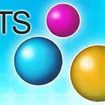 Bile colorate roz, albastru și galben pe un fundal albastru deschis cu textul DOTS și un logo format din cercuri suprapuse colorate
