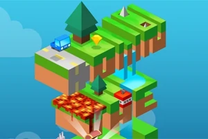 O scenă cubică 3D cu platforme verzi suspendate, un copac, un râu, un camion albastru și o casă roșie