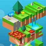 O scenă cubică 3D cu platforme verzi suspendate, un copac, un râu, un camion albastru și o casă roșie
