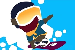 Un personaj stilizat care sare cu snowboardul pe un fundal albastru, purtând o cască și ochelari galbeni