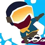 Un personaj stilizat care sare cu snowboardul pe un fundal albastru, purtând o cască și ochelari galbeni