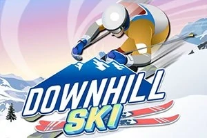 Un schior în acțiune coborând pe o pantă înzăpezită, cu un fundal de munți și cer colorat, având textul „DOWNHILL SKI” suprapus