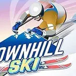 Un schior în acțiune coborând pe o pantă înzăpezită, cu un fundal de munți și cer colorat, având textul „DOWNHILL SKI” suprapus