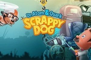 Dr. Atom & Quark: Scrappy Dog Un câine cu elice zboară în stânga, un băiat ține o torță în dreapta, iar fundalul conține dispozitive mecanice complexe și un titlu central colorat