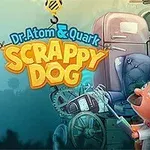 Dr. Atom & Quark: Scrappy Dog Un câine cu elice zboară în stânga, un băiat ține o torță în dreapta, iar fundalul conține dispozitive mecanice complexe și un titlu central colorat