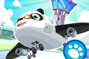 Avion în formă de panda cu ochelari de zbor și turn de control în fundal