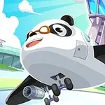 Avion în formă de panda cu ochelari de zbor și turn de control în fundal