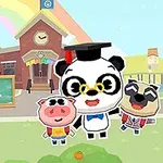 Trei animale animate - un panda purtând tocă, un porc și un câine - stau în fața unei școli cu un curcubeu în fundal