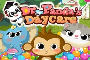 Un panda cu pălărie de absolvire, un elefant, o maimuță și un pisoi într-o piscină cu bile colorate, cu un titlu neclar deasupra într-un decor de grădină