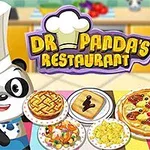 Panda îmbrăcat ca un bucătar lângă diverse preparate culinare, cu un logo într-o bucătărie colorată