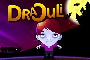 Un personaj de desene animate cu pielea albastră și părul roșu, aflat pe un fundal nocturn cu un castel și o lună plină