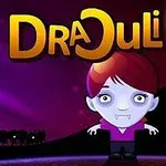 Un personaj de desene animate cu pielea albastră și părul roșu, aflat pe un fundal nocturn cu un castel și o lună plină