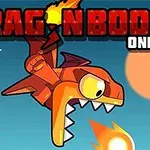 Un dragon roșu care zboară și scuipă foc, pe un fundal albastru cu soarele la orizont