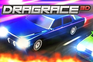 Mașină albastră și mașină verde într-o cursă cu fundal de lumini neon și foc, cu titlul DRAGRACE 3D deasupra
