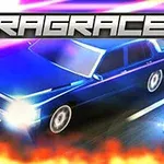 Mașină albastră și mașină verde într-o cursă cu fundal de lumini neon și foc, cu titlul DRAGRACE 3D deasupra