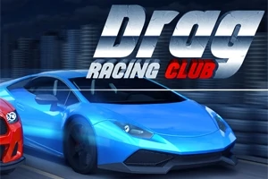 Mașină sport albastră în mișcare, cu text mare „Drag Racing Club” pe fundal urban