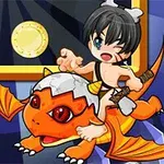 Un personaj anime călărește un dragon portocaliu cu armură albă, ținând un ciocan, pe un fundal albastru cu o monedă și o piatră verde