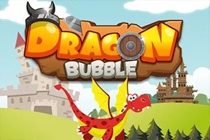Un dragon roșu și zâmbitor, cu aripi galbene, zboară în fața unui fundal cu două castele și cer senin, având deasupra textul DRAGON BUBBLE cu un coif viking și un scut