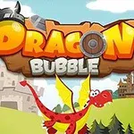 Un dragon roșu și zâmbitor, cu aripi galbene, zboară în fața unui fundal cu două castele și cer senin, având deasupra textul DRAGON BUBBLE cu un coif viking și un scut