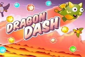 Un dragon animat verde zburător, înconjurat de pietre prețioase colorate, pe un fundal luminat cu text Dragon Dash în prim-plan