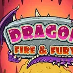 Un semn de piatră cu text colorat, ținut de gheare de dragon mov, pe fundal de foc și roci