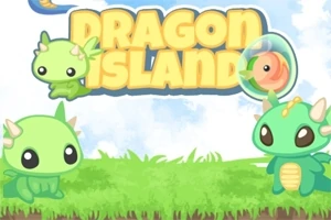 Trei dragoni mici și colorați stau pe iarbă sub un cer albastru, cu text galben „Dragon Island” deasupra